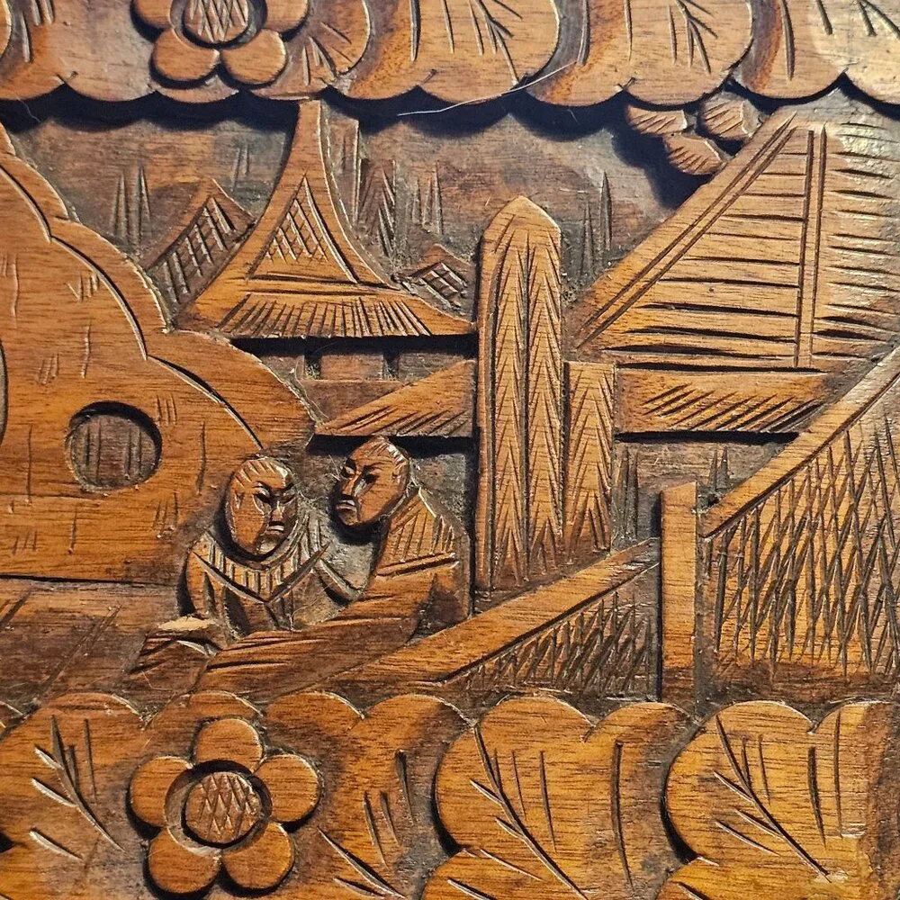 Vintage Intricate Carved Asian Decorative Dresser Jewelry Box Scenic Masculine
